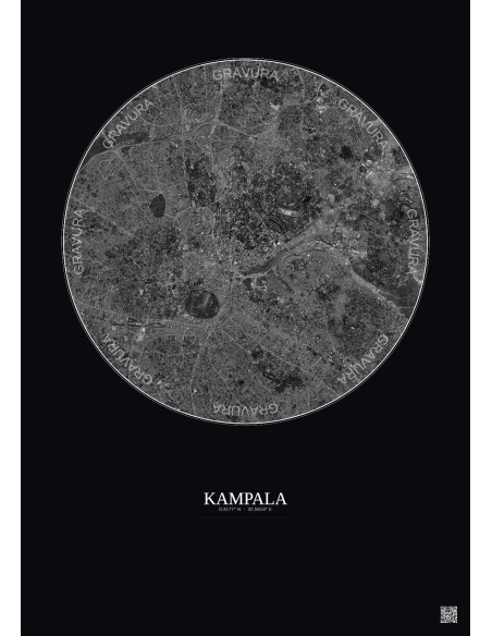 Affiche Kampala – Poster vue satellite 6km N&B | Gravura – Fond foncé