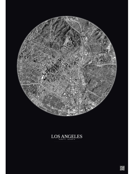 Affiche Los Angeles – Poster vue satellite 5km N&B | Gravura – Fond foncé