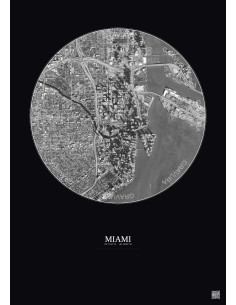 Affiche Miami – Poster vue satellite 2.5km N&B | Gravura – Fond foncé