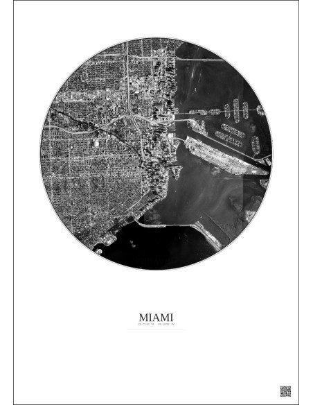 Affiche Miami – Poster vue satellite 5km N&B | Gravura – Fond clair