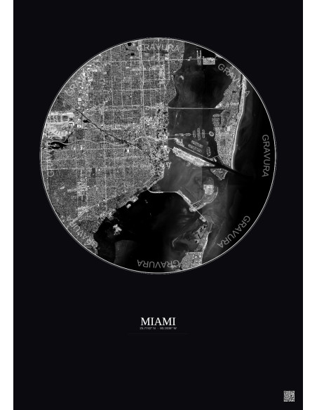 Affiche Miami – Poster vue satellite 10km N&B | Gravura – Fond foncé