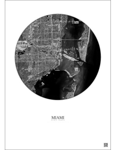 Affiche Miami – Poster vue satellite 10km N&B | Gravura – Fond clair