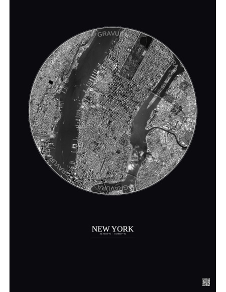 Affiche New York – Poster vue satellite 5km N&B | Gravura – Fond foncé