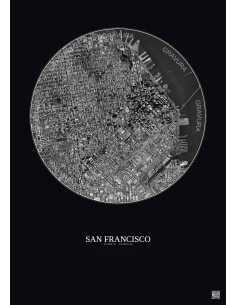 Affiche San Francisco – Poster vue satellite 2.5km N&B | Gravura – Fond foncé