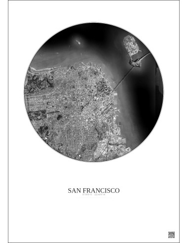 Affiche San Francisco – Poster vue satellite 6km N&B | Gravura – Fond clair