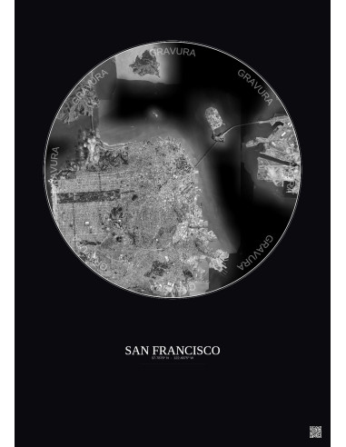 Affiche San Francisco – Poster vue satellite 10km N&B | Gravura – Fond foncé