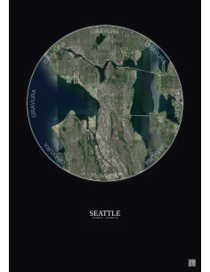 Affiche Seattle – Poster vue satellite 10km Couleur | Gravura – Fond foncé