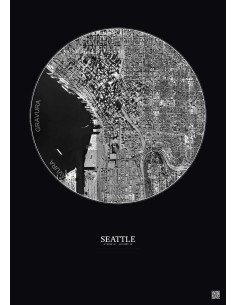 Affiche Seattle – Poster vue satellite 2.5km N&B | Gravura – Fond foncé