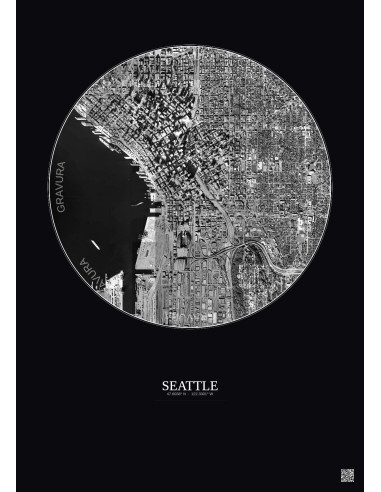 Affiche Seattle – Poster vue satellite 2.5km N&B | Gravura – Fond foncé