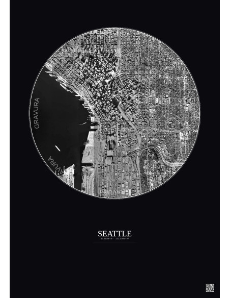 Affiche Seattle – Poster vue satellite 2.5km N&B | Gravura – Fond foncé