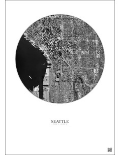 Affiche Seattle – Poster vue satellite 2.5km N&B | Gravura – Fond clair
