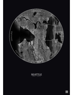 Affiche Seattle – Poster vue satellite 10km N&B | Gravura – Fond foncé