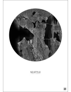 Affiche Seattle – Poster vue satellite 10km N&B | Gravura – Fond clair