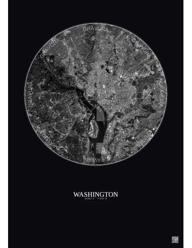 Affiche Washington – Poster vue satellite 10km N&B | Gravura – Fond foncé