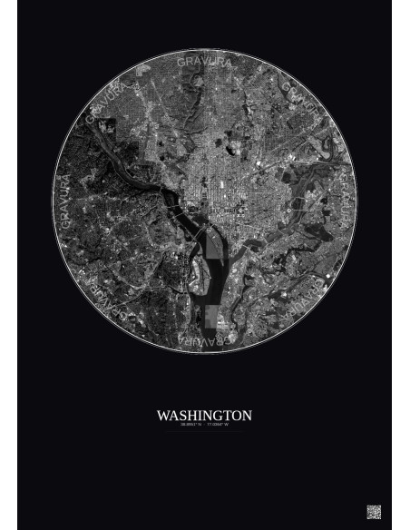 Affiche Washington – Poster vue satellite 10km N&B | Gravura – Fond foncé