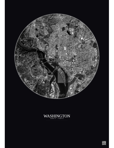 Affiche Washington – Poster vue satellite 6km N&B | Gravura – Fond foncé