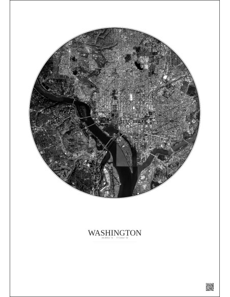 Affiche Washington – Poster vue satellite 6km N&B | Gravura – Fond clair
