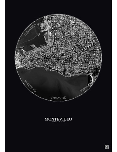 Affiche Montevideo – Poster vue satellite 2.5km N&B | Gravura – Fond foncé