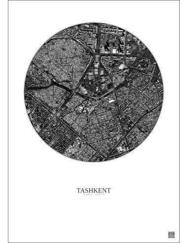 Affiche Tashkent – Poster vue satellite 2.5km N&B | Gravura – Fond clair