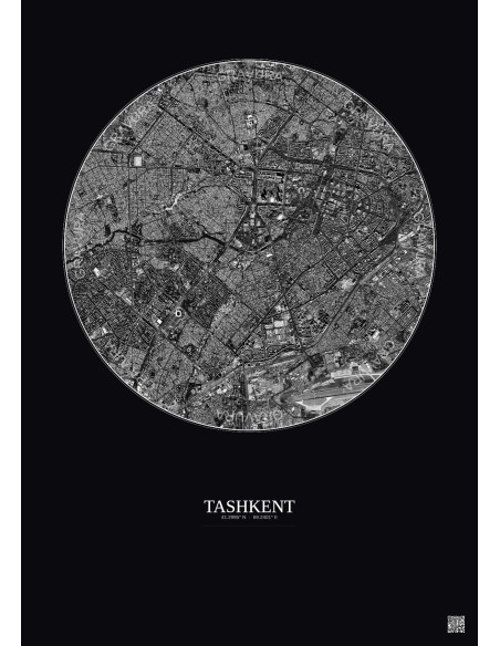 Affiche Tashkent – Poster vue satellite 6km N&B | Gravura – Fond foncé