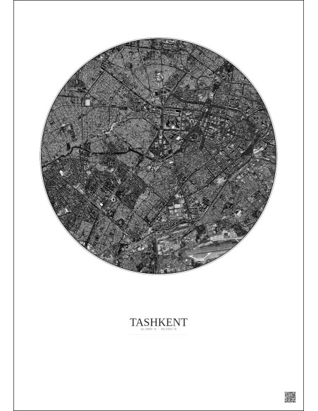 Affiche Tashkent – Poster vue satellite 6km N&B | Gravura – Fond clair