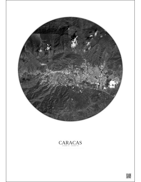 Affiche Caracas – Poster vue satellite 10km N&B | Gravura – Fond clair