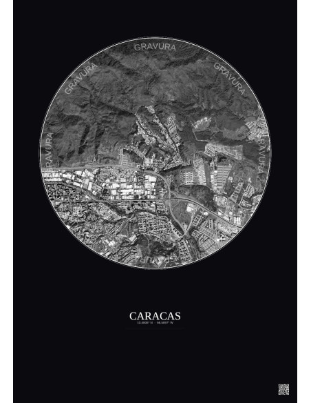 Affiche Caracas – Poster vue satellite 2.5km N&B | Gravura – Fond foncé