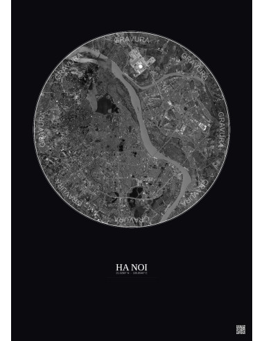 Affiche Ha Noi – Poster vue satellite 10km N&B | Gravura – Fond foncé