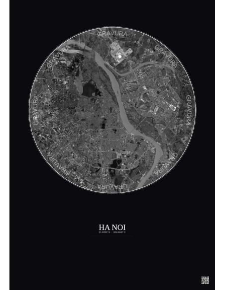Affiche Ha Noi – Poster vue satellite 10km N&B | Gravura – Fond foncé