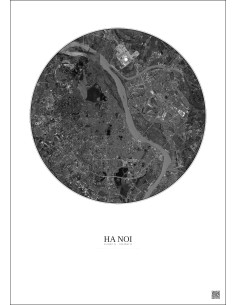 Affiche Ha Noi – Poster vue satellite 10km N&B | Gravura – Fond clair