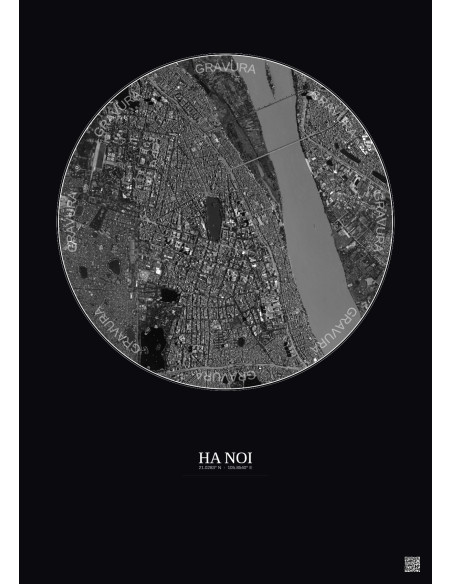 Affiche Ha Noi – Poster vue satellite 2.5km N&B | Gravura – Fond foncé
