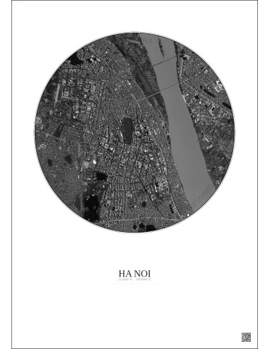 Affiche Ha Noi – Poster vue satellite 2.5km N&B | Gravura – Fond clair