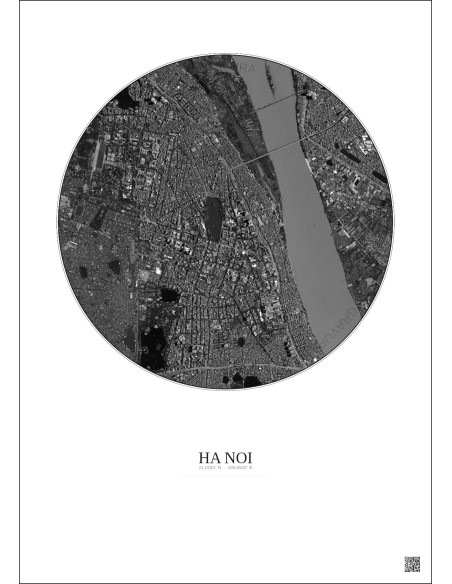Affiche Ha Noi – Poster vue satellite 2.5km N&B | Gravura – Fond clair