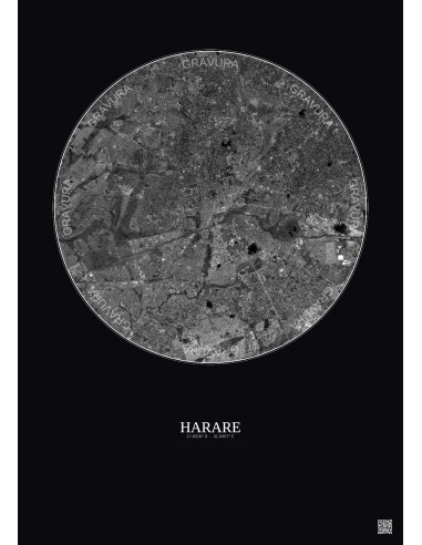 Harare Satellite View Poster 10km B&W | Gravura – Dark background