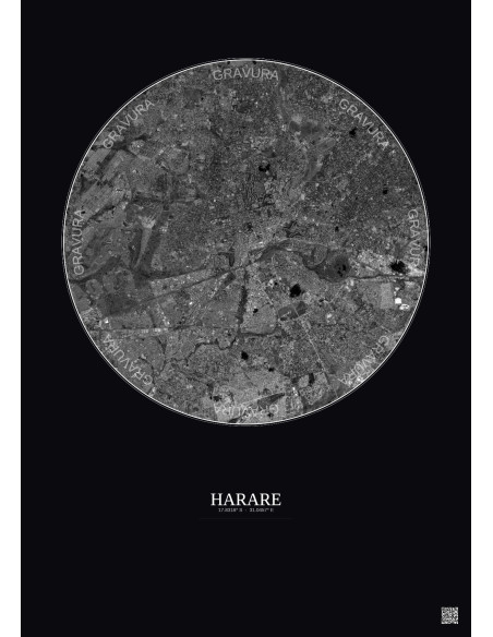 Harare Satellite View Poster 10km B&W | Gravura – Dark background