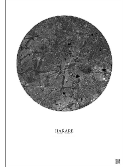 Affiche Harare – Poster vue satellite 10km N&B | Gravura – Fond clair