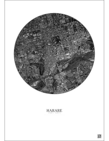 Affiche Harare – Poster vue satellite 2.5km N&B | Gravura – Fond clair