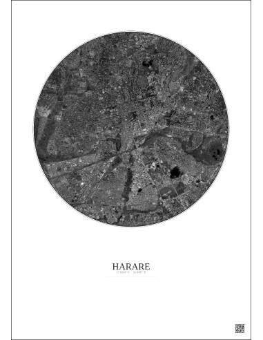 Affiche Harare – Poster vue satellite 6km N&B | Gravura – Fond clair