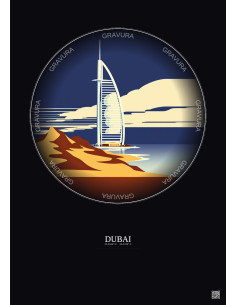 Affiche Dubai – Poster illustration vintage – Burj Al Arab | Gravura – Fond foncé