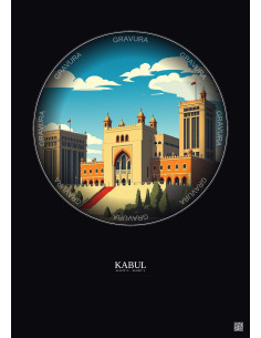 Affiche Kabul – Poster illustration vintage – Darul Aman Palace | Gravura – Fond foncé
