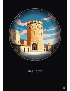 Affiche Baku City – Poster illustration vintage – Historic Old Town Of Baku City | Gravura – Fond foncé