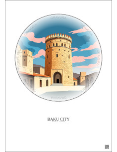 Affiche Baku City – Poster illustration vintage – Historic Old Town Of Baku City | Gravura – Fond clair