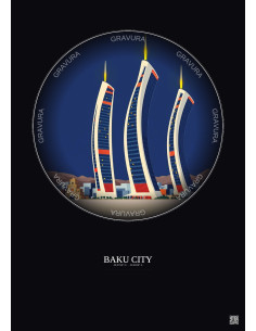 Affiche Baku City – Poster illustration vintage – Most Iconic Landmark Of Baku City | Gravura – Fond foncé
