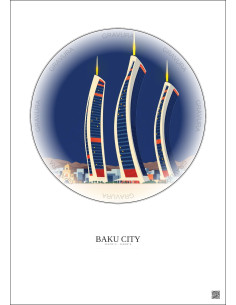 Affiche Baku City – Poster illustration vintage – Most Iconic Landmark Of Baku City | Gravura – Fond clair