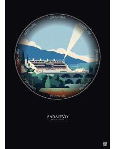 Affiche Sarajevo – Poster illustration vintage – Stadion Grbavica | Gravura – Fond foncé