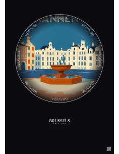 Affiche Brussels – Poster illustration vintage – Manneken Pis | Gravura – Fond foncé