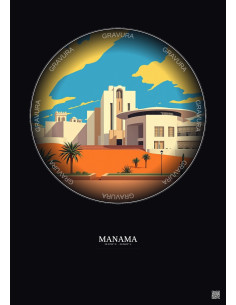 Affiche Manama – Poster illustration vintage – Bahrain National Museum | Gravura – Fond foncé