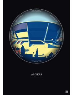 Affiche Algiers – Poster illustration vintage – Stade 5 Juillet 1962 | Gravura – Fond foncé