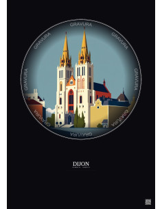 Affiche Dijon – Poster illustration vintage – Cathedrale Saint Benigne De Dijon | Gravura – Fond foncé