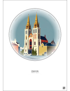 Affiche Dijon – Poster illustration vintage – Cathedrale Saint Benigne De Dijon | Gravura – Fond clair